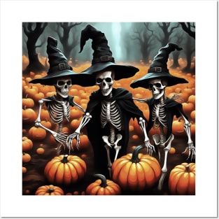 Three Skeletons Wearing Witches Costume In A Pumpkin Patch Posters and Art